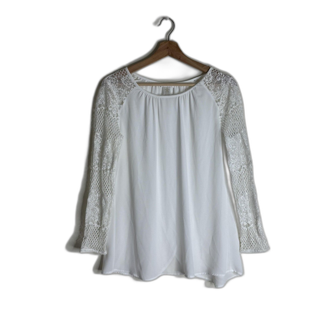 Cache Top Womens Medium Lace Mesh Sheer Long Sleeve Romantic Blouse Elegant